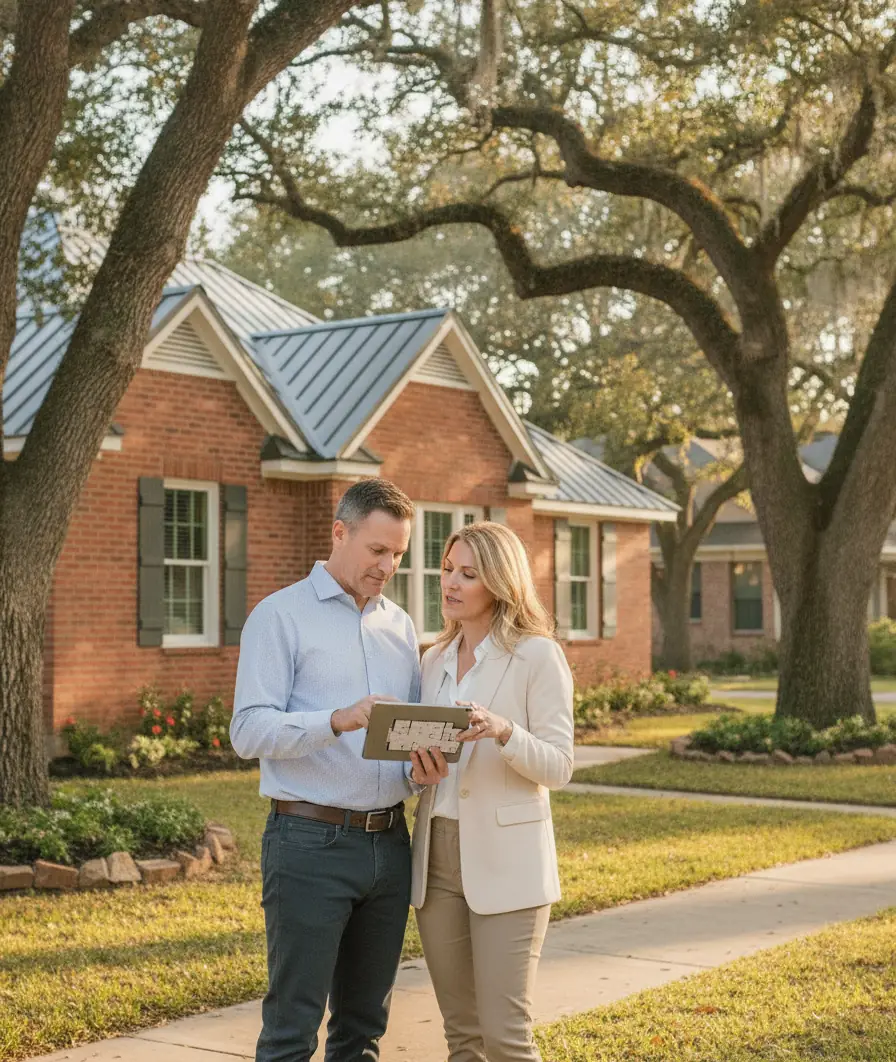 Renovated single-story brick Texas rental home with live oak trees and fresh landscaping