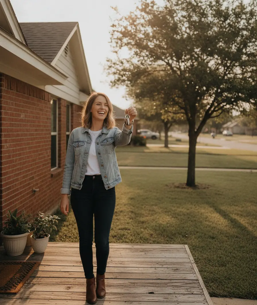 Texas homebuyers reviewing FHA loan options and down payment assistance in front of a brick single-family home
