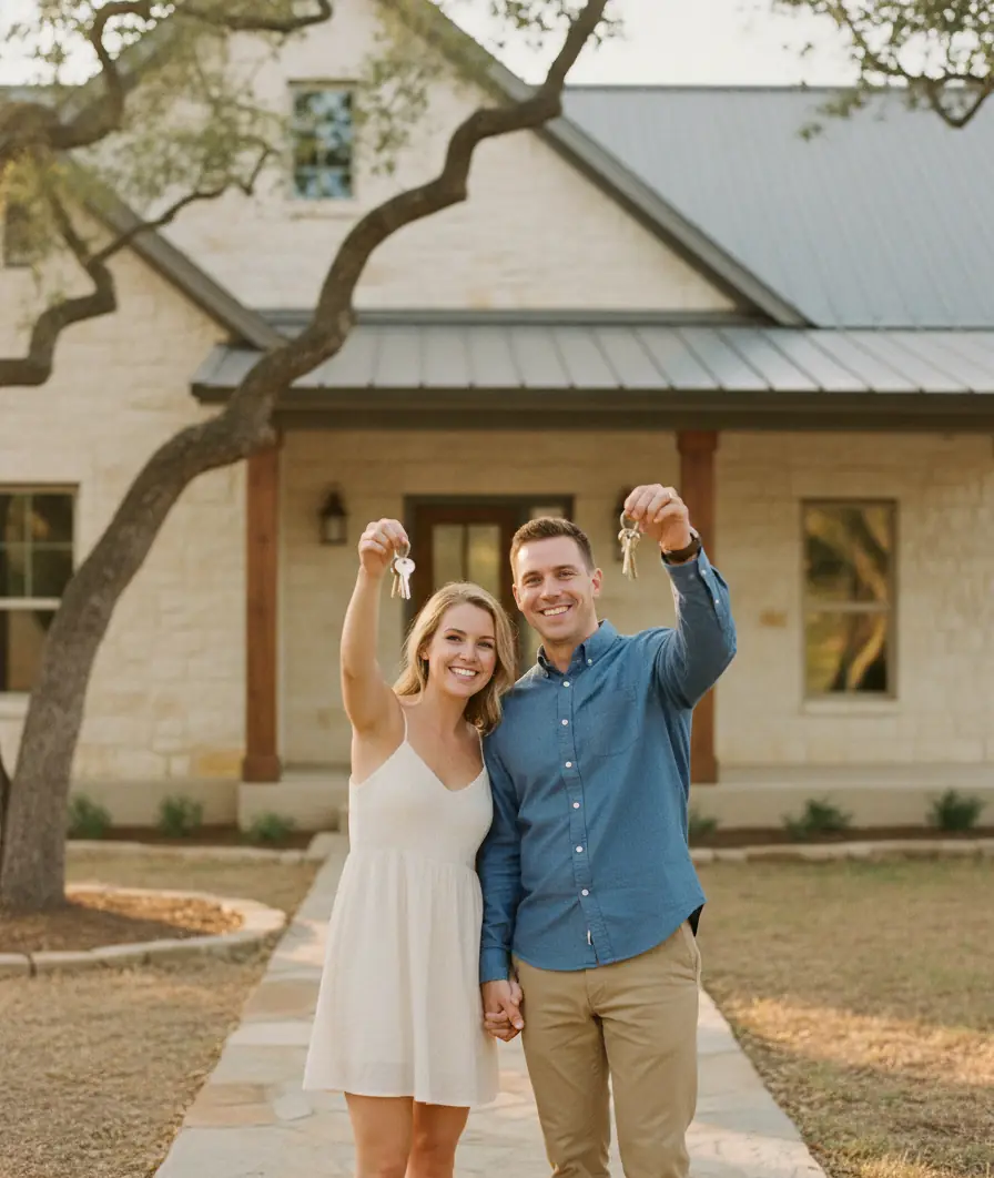 Texas couple holding up the keys to their new limestone Hill Country home