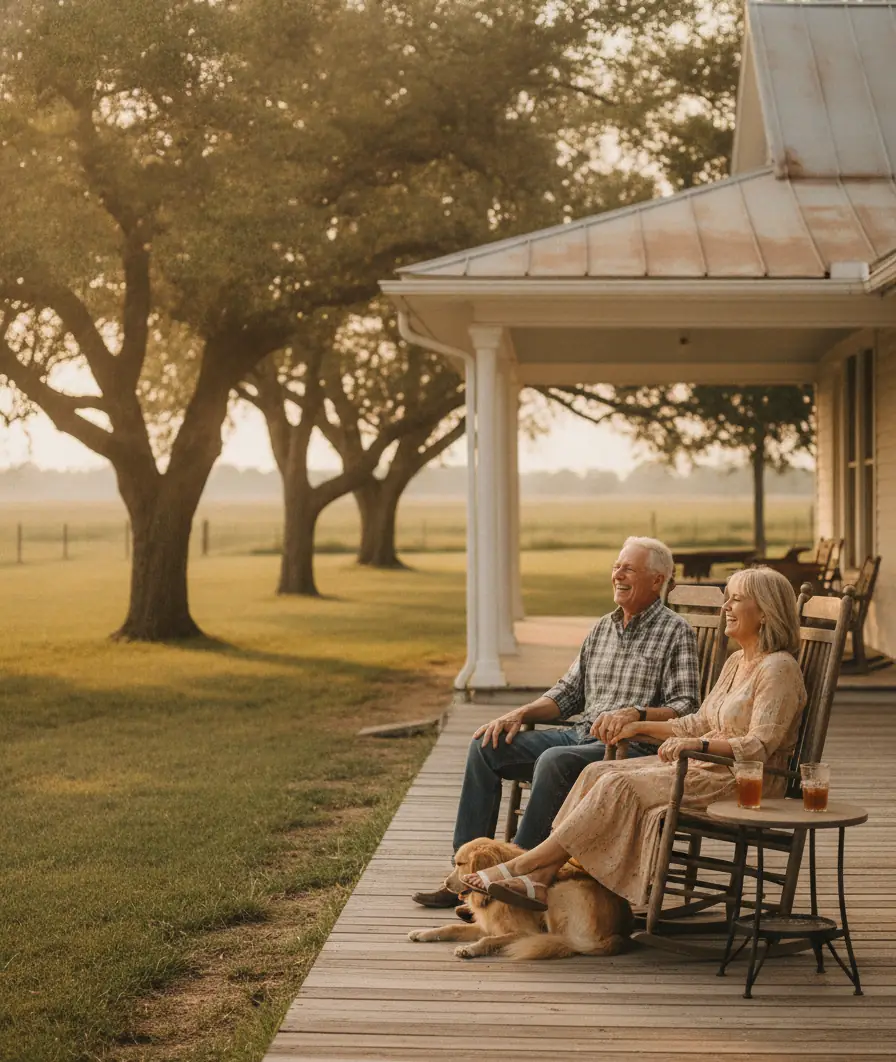 Retired couple smiling over morning coffee on the porch of their Texas home