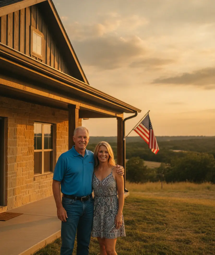 Veteran family standing in front of their brick Texas home with a Lone Star and American flag on the porch