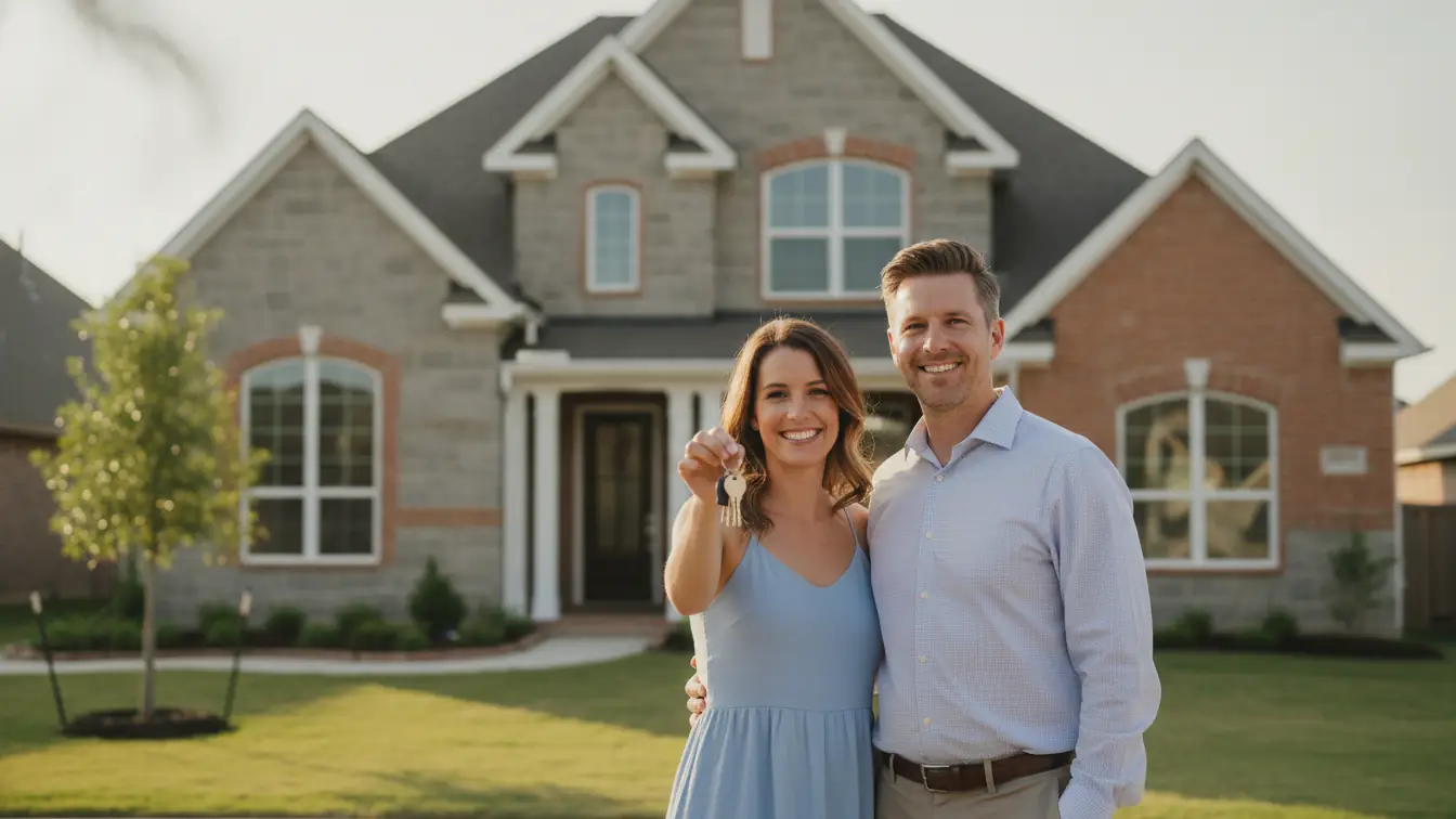 Professional couple holding keys in front of their new stone and brick home in a north Texas community