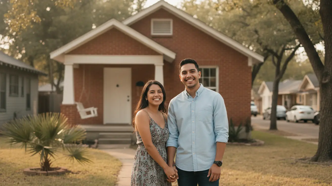 Young couple smiling in front of their first small brick home in a Texas neighborhood