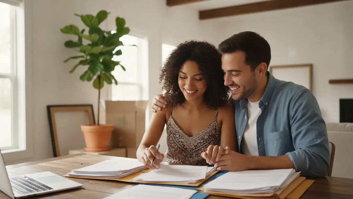 Couple reviewing paperwork in a sunlit Texas rental home while planning to buy with FHA
