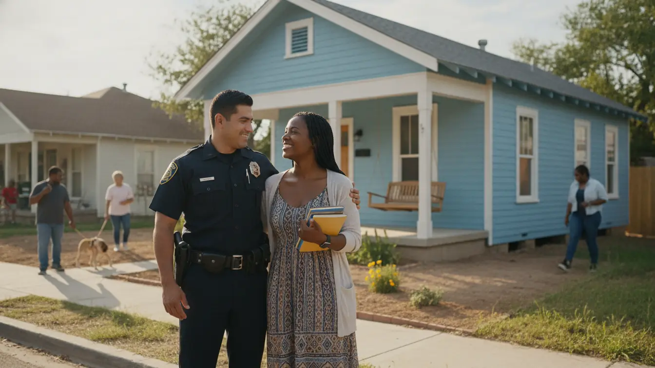 Police officer and teacher couple in front of a home in a revitalizing Texas neighborhood