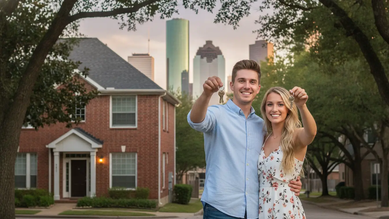 Young couple holding house keys in front of their new Houston townhome with the downtown skyline behind