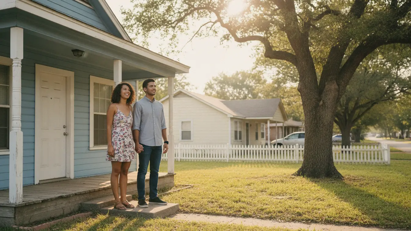 Young couple on the porch of a rental home in a Texas neighborhood planning to buy