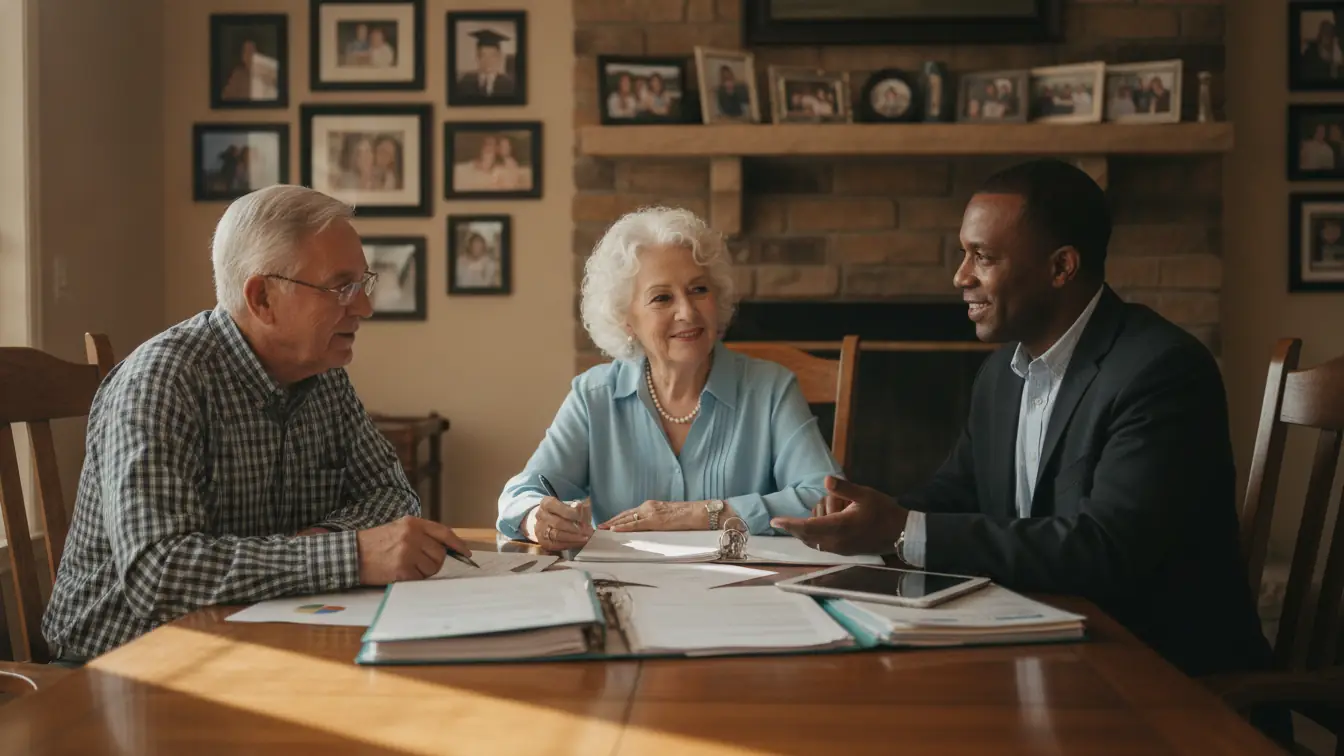 Retired Texas couple reviewing reverse mortgage closing documents with an advisor at home