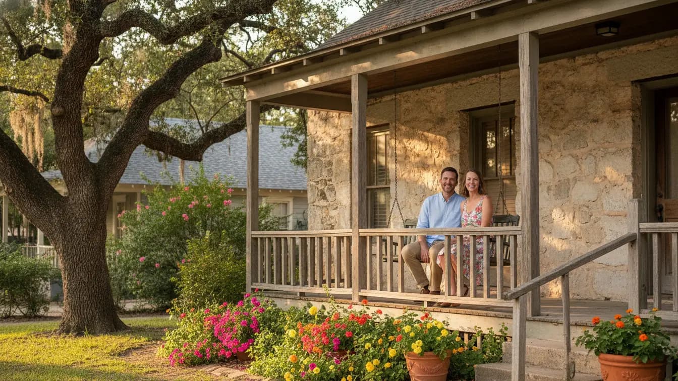 Couple on the porch of a restored limestone cottage in a historic San Antonio neighborhood