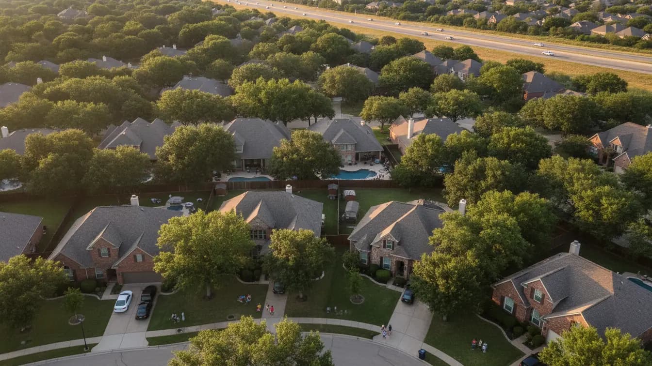 Aerial view of a Dallas–Fort Worth area neighborhood illustrating Texas FHA loan limits by county