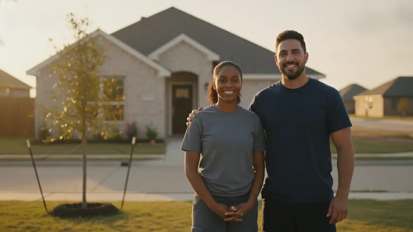 Firefighter and EMT standing in front of a new home in a Texas suburb
