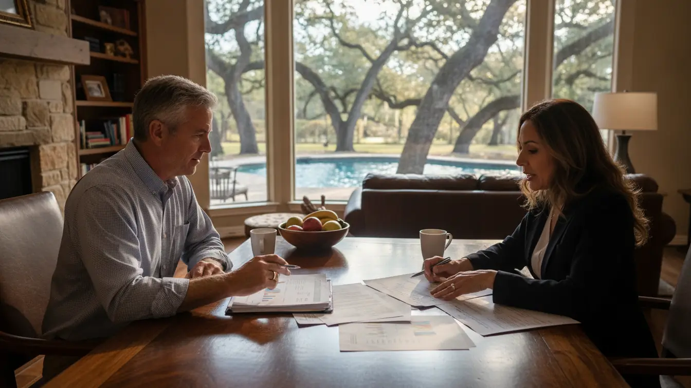 Texas homeowners reviewing home equity loan and HELOC paperwork with a mortgage advisor