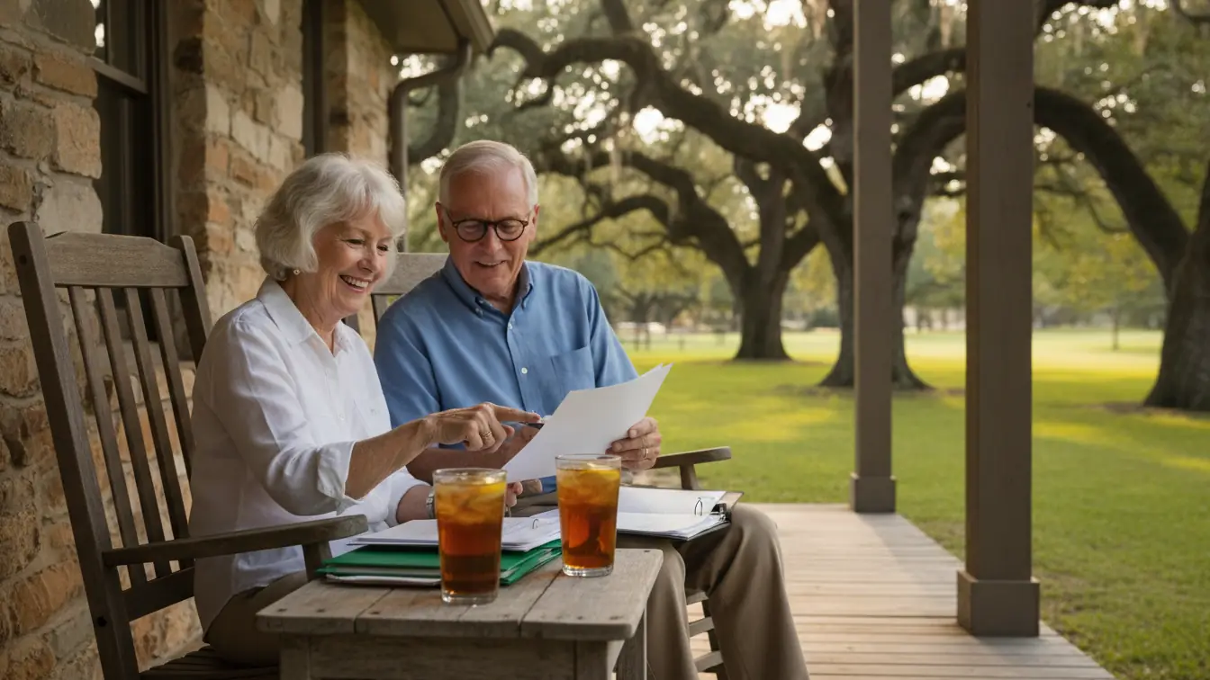 Retired Texas couple reviewing their property tax exemptions on the porch of their home