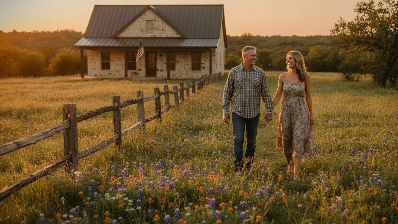 Texas veteran and his wife walking across their Hill Country acreage toward their new home bought with a Texas Veterans Land Board loan