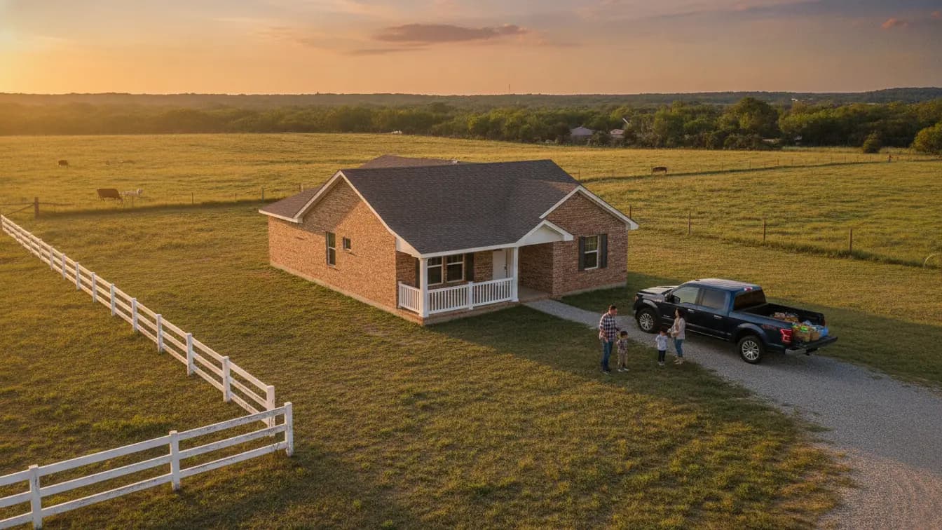 Modest brick home on a large lot in a rural Texas town eligible for a USDA loan